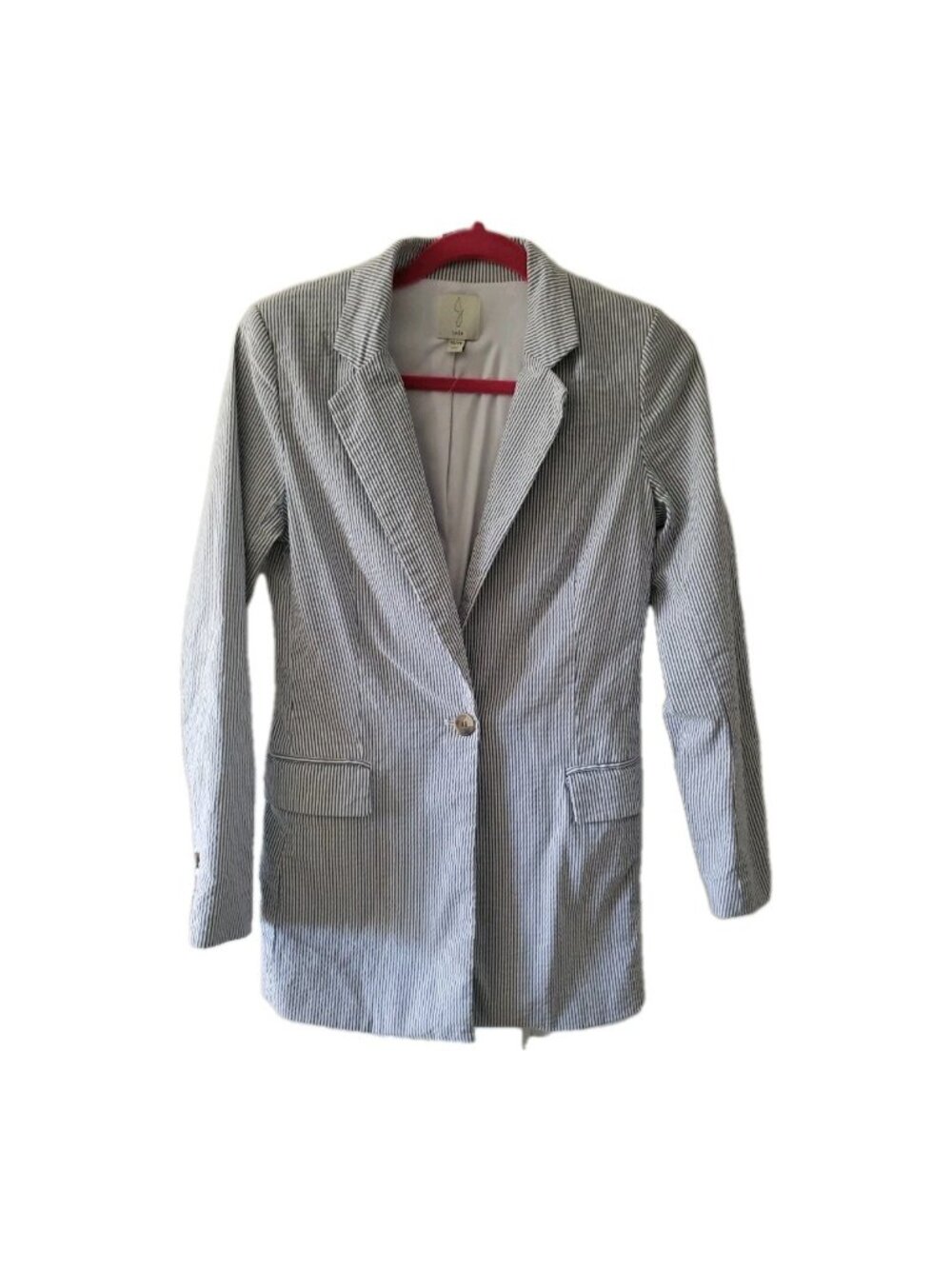 Joie Seersucker Jacket Blazer Stretch Long Line Pockets XS Preppy Academia